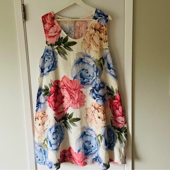 Lungo L’Arno Dresses & Skirts - Lungo L’Arno 100% Linen Peony Floral Dress L Sleeveless Made in Italy
